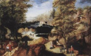 An Extensive Wooded Landscape With The Flight Into Egypt by Herri met de Bles