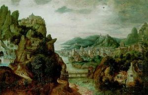 A Panoramic Mountain Landscape, With An Extensive Town By A River, Christ With Cleopas And Peter On The Way To Emmaus... by Herri met de Bles