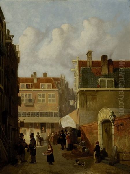 Dutch Cityview With Collectors At An Antiques-stand - view 1