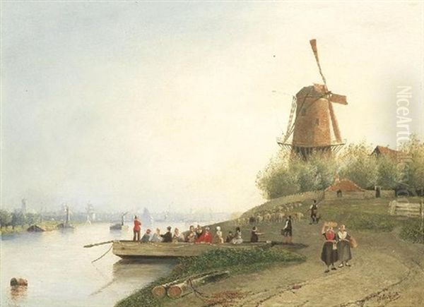 Hollandische Fluslandschaft Mit Personen Auf Einem Fahrboot - view 1