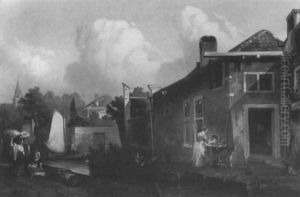 Hollandische Ortschaft Mit Gracht, Kuchenhilfe Und Reisigtragerinnen