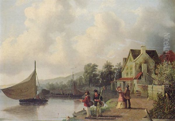 Figures Promenading Beside A River - view 1