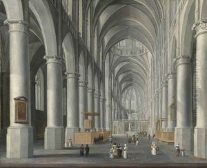 Interior Of A Protestant Church With Figures And A Dog by Daniel de Blieck