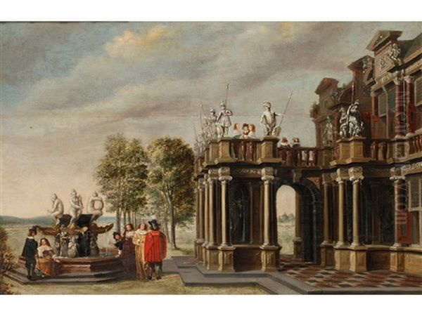 Figures Beside A Fountain Outside A Classical Building With Landscape Beyond - view 1