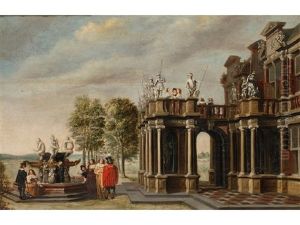 Figures Beside A Fountain Outside A Classical Building With Landscape Beyond