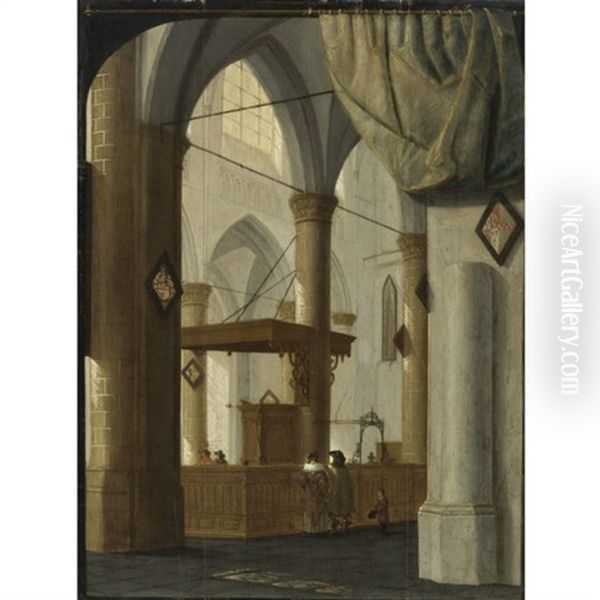 Interior Of The Grote Kerk, Dordrecht With An Elegant Couple, A Trompe-l'oeil Curtain Above, Set Against A Feigned Black Frame - view 1
