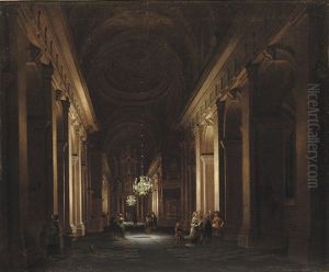 A Classical Church Interior With Elegant Figures Conversing By Candlelight by Daniel de Blieck