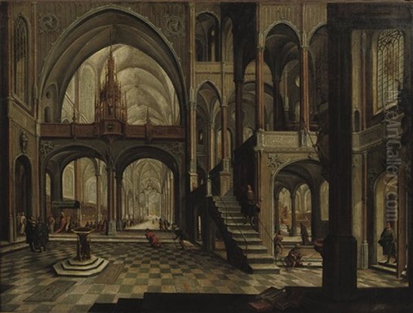 An Interior Of A Gothic Church With A Procession Moving Towards The Altar - view 1