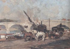 A View Of The Pont Neuf With Horses And Workers On The Quai In The Foreground by Maurice Blieck