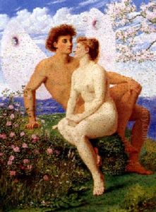 Amor Og Psyke I Blomsterne Bjerglandskab by Rudolf Blind