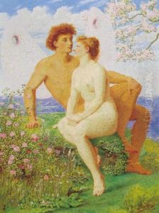 Amor Og Psyke I Blomsterne Bjerglandskab by Rudolf Blind