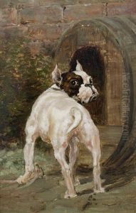 A Jack Russell Aboard A Boat; A Bulldog By A Kennel, A Pair by Thomas Blinks