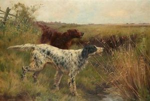 An English Setter And An Irish Setter In A Landscape by Thomas Blinks