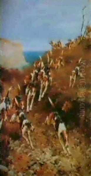 Hunting Dogs Running Down Hill - view 1