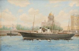 The Imperial Yacht Shtandart On The River Neva Near Senatskaya Square by Leonid Demyanovich Blinov