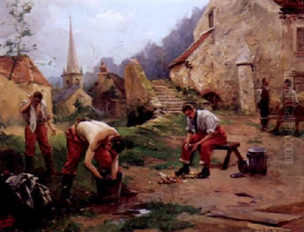 Soldaten Bei Der Morgendlihen Wasche In Einem Malerischen Kirchdorf - view 1