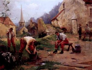 Soldaten Bei Der Morgendlihen Wasche In Einem Malerischen Kirchdorf by Alexandre Bloch