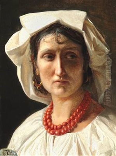 Portrait Of A Young Italian Woman With White Bonnet And Coral Necklace With A Cross - view 1