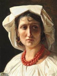 Portrait Of A Young Italian Woman With White Bonnet And Coral Necklace With A Cross