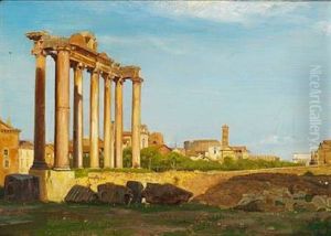 View Of The Forum Romanum In Rome. To The Left In The Foreground The Temple Of Saturn. In The Background The Colosseum, The Campanile Of The Basilica Di Francesca Romana And The Arch Of Titus by Carl Heinrich Bloch