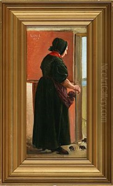 Old Woman Feeding Ducklings In The Doorway - view 1
