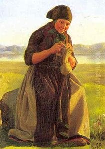 En Kone Der Binder Hoser Pa Heden by Carl Heinrich Bloch