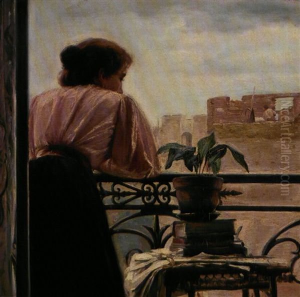 Alene. Kunstnerens Hustru Betragter Byen Fra En Balkon (paris?) - view 1