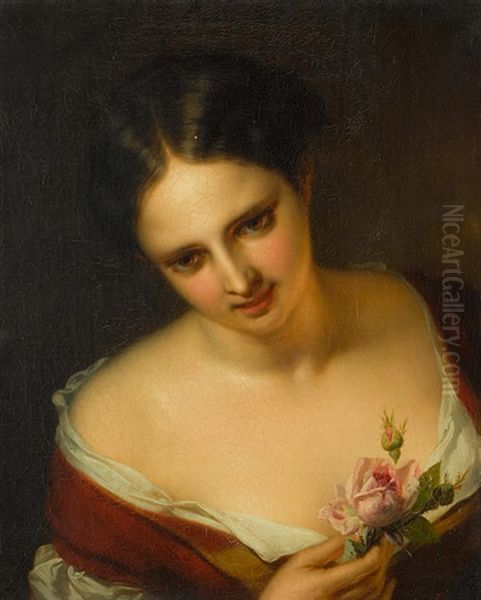 A Young Woman Holding A Rose - view 1