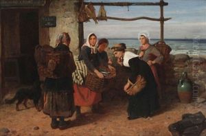 Breton Coastal View With Fish Merchants by Eugene Francois De Block
