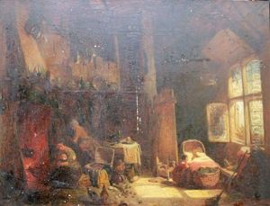 Interior Scene With Woman, Children And Hens