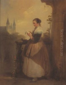 Die Briefleserin (junge Frau In Belgischer Tracht Vor Dem Haus Stehend Und In Einem Brief Vertieft) by Eugene Francois De Block