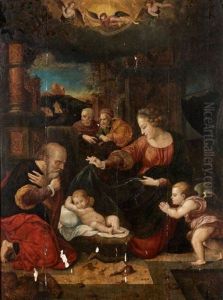 L'adoration De L'enfant Jesus by Anthonie van (Montfort) Blocklandt