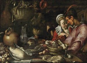 A Kitchen Still Life With A Couple Standing Beside A Table With An Elaborate Display Of Meat, Fish, Vegetables And Fruit by Abraham Bloemaert