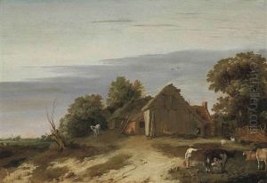 A Pastoral Landscape With Figures Milking Cows In A Farmhouse Yard, A Church Beyond by Abraham Bloemaert
