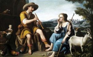 Pastorale Szene Mit Einer Hirtenfamilie Vor Landschaftshintergrund Pastorale Szene Mit Einer Hirtenfamilie Vor Landschaftshintergrund