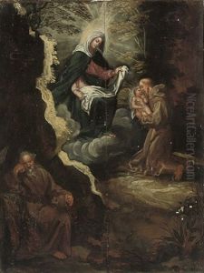 A Hermit's Vision Of The Virgin And A Franciscan Monk by Abraham Bloemaert
