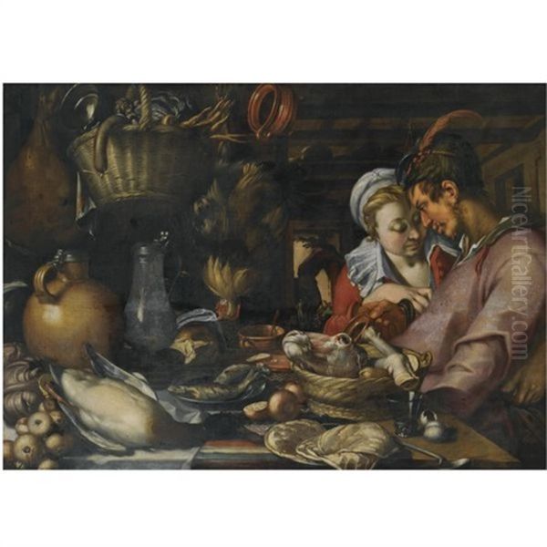 An Elaborate Kitchen Still Life With A Couple Standing Beside A Table With A Basket With An Ox Head And Feet, Fish On A Pewter Plate, A Duck, Earthenware And Pewter Jugs, A Basket With Vegetables, A C - view 1