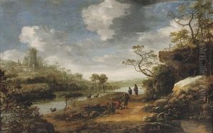 A Rocky River Landscape With Travellers On A Path, A Ruined Fortress Beyond by Abraham Bloemaert
