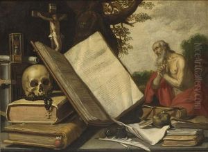 A Vanitas Still Life With Different Books, A Skull, A Crucifix And An Hour-glass, St. Jerome In The Background