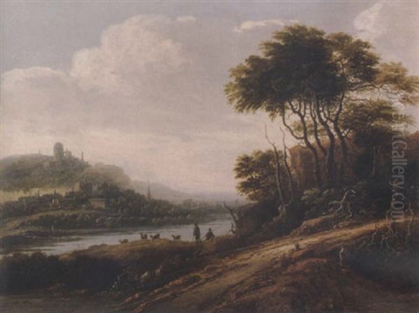 Flusslandschaft Mit Ziegen Und Hirten - view 1