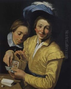 Zwei Junge Manner Beim Kartenspiel by Abraham Bloemaert