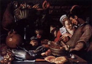 A Kitchen Interior With A Man And A Woman Standing Next To A Table With A Duck, Eggs, Fish, Bread, Pancakes And Jugs by Abraham Bloemaert