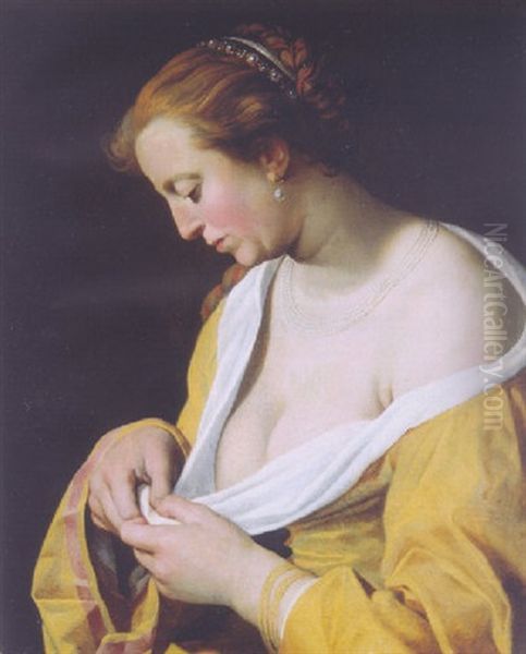 A Woman, Standing Half Length In Profile To The Left, Catching Flees - view 1