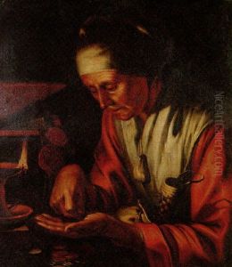 Greed: An Old Woman Counting Coins In An Interior By Candlelight by Abraham Bloemaert