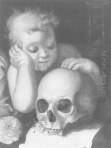 Vanitas With A Child With A Skull, A Letter And An Hour Glass by Abraham Bloemaert