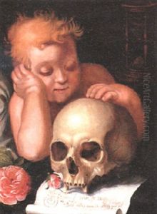 Vanitas With A Young Child Gazing At A Skull by Abraham Bloemaert