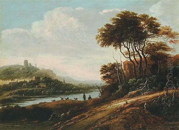 Flusslandschaft Mit Burgruine Und Ziegenhirten - view 1