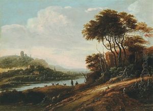 Flusslandschaft Mit Burgruine Und Ziegenhirten