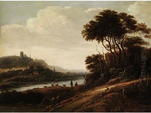 Landschaft Mit Waldrand Am Fluss Und Stadt Mit Burgberg Am Gegenuberliegenden Ufer