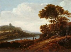 Flusslandschaft Mit Hochgelegener Burg Und Ziegenhirten